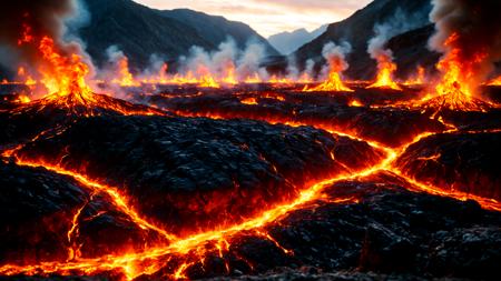 A land crisscrossed by glowing, pulsating "veins" of molten energy that spread like a web across the terrain. <lora:add-detail-xl:1> <lora:aidmaMidjourneyV6.1-v0.1:0.9> <lora:SDXLFaeTastic2400:0.8> ziprealism
