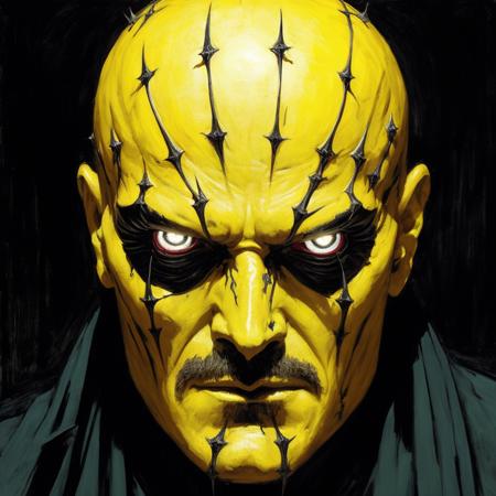 the yellow king, cenobite inspired by hellbound heart, crown of thorns, with metal half mask against a black background drawn by Mike Mignola, high details, cinematic composition. vodka_portraits <lora:vodka_portraits:0.7>