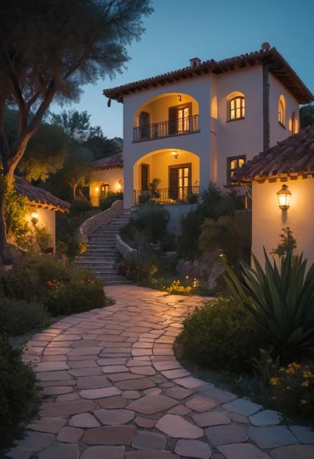 RAW photos,spanish style villa exterior view evening time ,beautiful landscape, 8k uhd, dslr, soft lighting, high quality, film grain, Fujifilm XT3