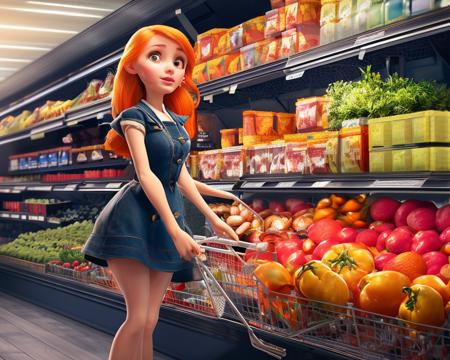 young lady shopping in a big supermarket in a small town, morning light, cartoonish_doll