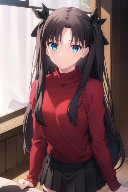 rin tohsaka, aqua eyes, (black hair:1.2), hair ribbon, long hair, ribbon, sidelocks, two side up, (parted bangs:1.5), black skirt, black thighhighs, long sleeves, miniskirt, pleated skirt, red sweater, skirt, sweater, thighhighs, turtleneck, (brown sweater vest:1.2), collared shirt, homurahara academy school uniform, neck ribbon, red ribbon, ribbon, school uniform, shirt, sweater vest, white shirt, skirt, thighhighs, long sleeves, pleated skirt, black thighhighs, black skirt, scarf, zettai ryouiki, coat, (red coat:1.2), orange scarf,