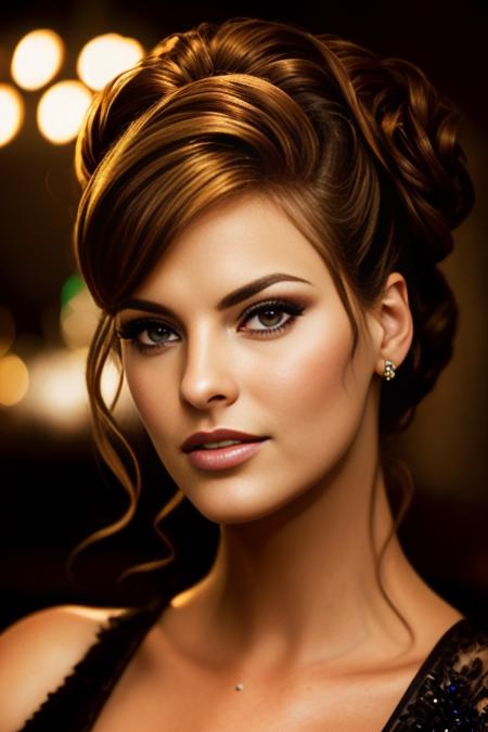 portrait photo of LEvangelista beautiful woman hair updo upsweep nightclub sitting at bar (masterpiece) (best quality) (detailed) (8k) (HDR) (wallpaper) (cinematic lighting) (sharp focus) (intricate),  <lora:LEvangelista:0.8>