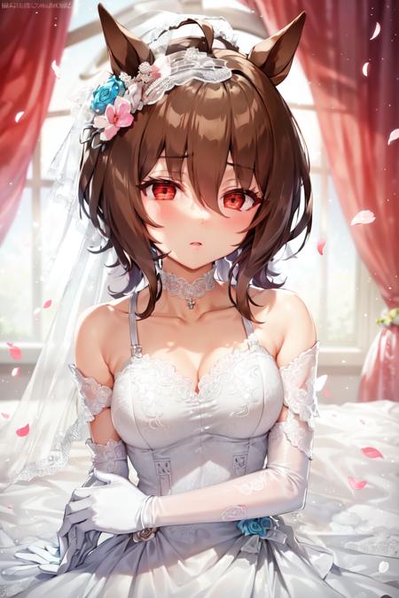 masterpiece, best quality, 
agnes tachyon \(umamusume\), 
wedding dress, white dress, white gloves, bare shoulders, collarbone, bridal veil, off shoulder, white choker, off-shoulder dress, white flower, lace gloves, elbow gloves, petals 
<lora:agnes_tachyon_loha:0.7>