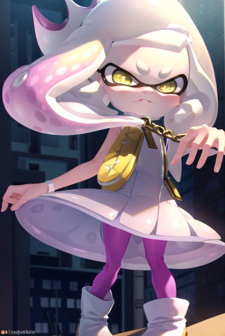 (pearl \(splatoon\):1.5), + +, short hair, (yellow eyes:1.5), pink hair, white hair, multicolored hair, pointy ears, mole, mole under mouth, two-tone hair, gradient hair, tentacle hair, thick eyebrows, dress, pantyhose, boots, sleeveless, white dress, sleeveless dress, white footwear, crown, zipper, zipper pull tab, pink pantyhose,