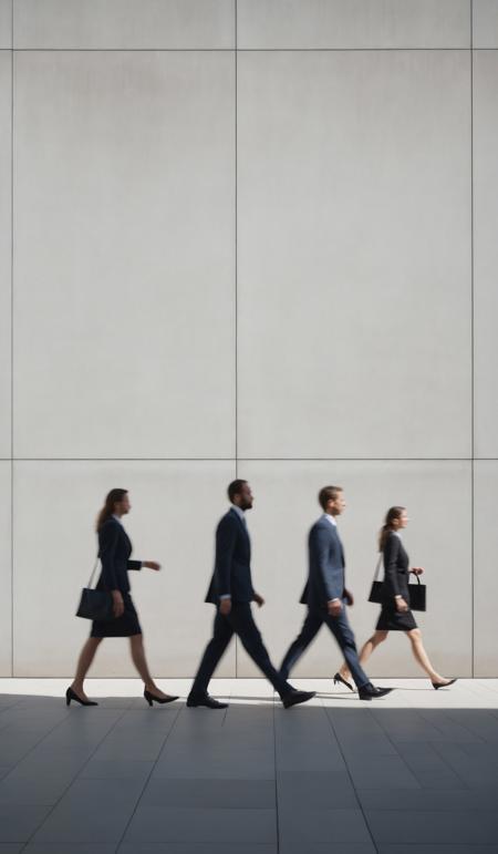Motion blurred business people walking in front of a bright concrete wall., (sharp focus:1.2), extremely detailed, (photorealistic:1.4), (RAW image, 8k high resolution:1.2), RAW candid cinema, 16mm, color graded Portra 400 film, ultra realistic, subsurface scattering, ray tracing, (volumetric lighting), extreme contrast, intricate details, symmetry, perfect composition, parallel lines