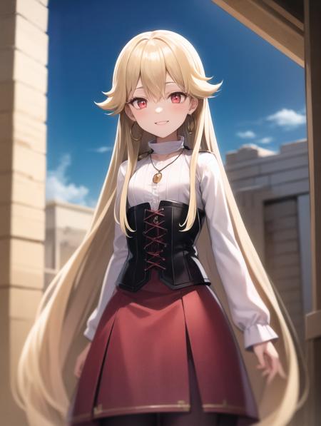 best quality, (masterpiece:1.2), illustration, absurdres,
(1girl, solo), (beautiful detailed girl), (cowboy shot),,
<lora:Roselia-06:0.8>,  Roselia Millstein, blond hair, very long hair, red eyes, flat chest,
necklace, earrings, white shirt, long sleeves, red laced corset, long skirt, red skirt, purple pantyhose,  brown boots,
smile,
inside middle eastern town, middle east, bazaar, cobblestone street,  sky, sun, day,