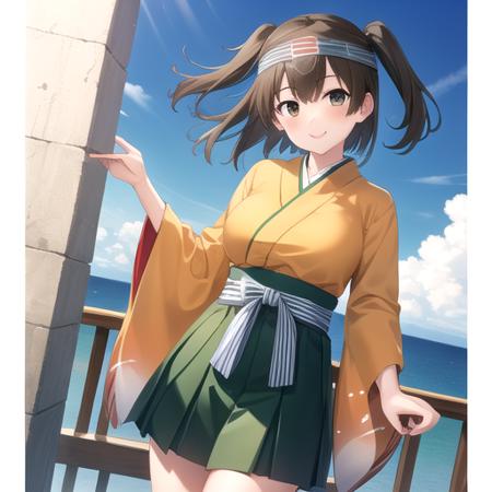 ((masterpiece)),(best quality),official art,extremely detailed CG,unity 8k wallpaper,ultra detailed,A lighthouse on a cliff by the sea,1girl,solo,cowboy shot,short_hair,brown_hair,headband,brown_eyes,one_side_up,smile,blush,large_breasts,green_hakama,hakama_short_skirt,hakama_skirt,japanese_clothes,looking_at_viewer,orange_kimono,wide_sleeves,green_skirt,<lora:Hiryuu(kan)>,