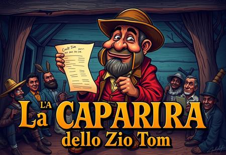 “Illustrate a caricature-style book cover inspired by Uncle Tom’s Cabin, reimagined as La CAPARRA dello Zio Tom. The scene should feature exaggerated, satirical elements with bold, dynamic colors that evoke the vintage aesthetic of 19th-century illustrated book covers.
Uncle Tom is portrayed as a humorous, larger-than-life character, dressed in tattered yet vibrant clothing, holding a contract or receipt symbolizing ‘la caparra’ (the deposit). Surround him with symbolic elements representing social commentary, such as exaggerated caricatures of other characters from the original novel, set in a plantation backdrop with surreal and whimsical tones.
The title, La CAPARRA dello Zio Tom, should be prominently displayed in bold, ornate lettering that blends classic typography with a playful twist. Include smaller details that highlight the satirical nature of this cover while staying respectful to the original themes of the book.”