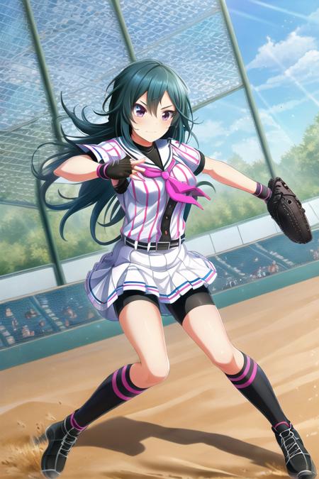 1girl, solo, masterpiece, best quality, absurdres, cute, ultra-detailed, (perfect anatomy, perfect hand), <lora:hiiragi_kotoha-000100:0.7>, hiiragi kotoha, long hair, baseball uniform, pink neckerchief, black undershirt, fingerless gloves, belt, pleated skirt, bike shorts, bike shorts under skirt, black socks, sneakers, closed mouth, sweatdrop, shiny hair, floating hair, baseball, baseball mitt