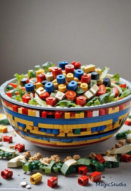 LEGO, depth of field, bokeh, 4K, HDR. hyper realistic, (absurd res:1.1), beautiful lighting, score_9, score_8_up, score_7_up, score_6_up, masterpiece, high quality, (best quality:1.1), (salad made from lego:2).