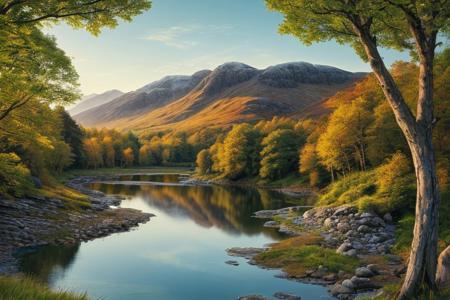 beautiful, ((masterpiece:1.4)), ((best quality:1.2)), intricate details, highland landscape, trees, flowers, crystal clear lake, highres, realistic,UHD, sharp focus, mesmerizing, ultra detailed, high texture resolution
