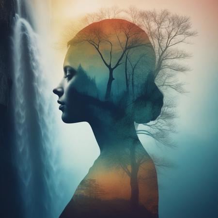 [Abstract style waterfalls, wildlife] inside the silhouette of a [woman] as head that is a double exposure photograph . Non-representational, colors and shapes, expression of feelings, imaginative, highly detailed