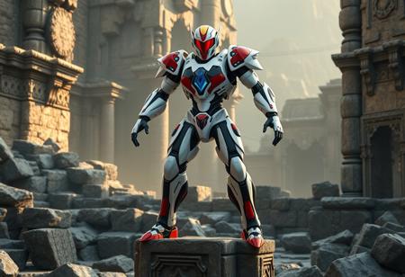 A Cyber Soldier of Darkworld robot, stark white armor with crimson & sapphire accents, black limbs, vibrant yellow head, ruby visor, geometric blue/white chest, scarlet feet. Heroic stance, arms posed for action, balanced posture on an ancient stone plinth. Amidst the mystic ruins of TheSecret Village of the Spellcasters. Poised stillness charged with latent energy. Cinematic lighting, Octane Render, Unreal Engine 5, Photorealistic, trending on ArtstationHQ, CGSociety, 4K, HDR, Sharp focus, Dynamic Angle, Golden Ratio, Matte Painting, Splash Ink style. Detailed, high quality, intricate.