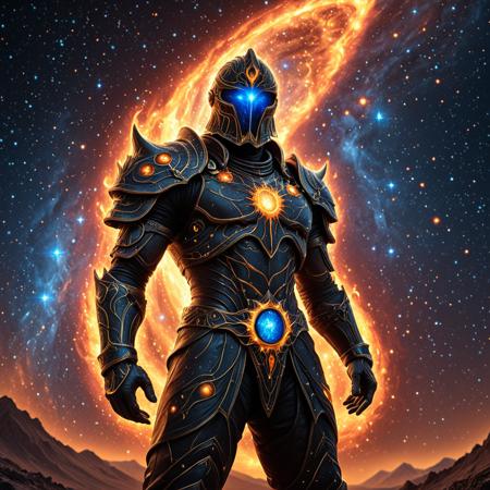 (celestial warlord:1.3), towering humanoid entity with a fragmented obsidian exoskeleton and constellations orbiting its form, glowing sigil embedded in chest pulsing with starlight, wielding a double-edged gravity scythe, six spectral wings flaring with nebula dust, eye sockets burning with pale galactic fire, arcane rings rotating above shoulders, layout:center composition, light:bloom, light:halation, light:rim lighting, env:cosmic backdrop, env:night sky, env:distant mountains, lens:filmic color grading, lens:gaussian bokeh, lens:85mm prime <lora:crazywhatever-style:0.8000000000000002>