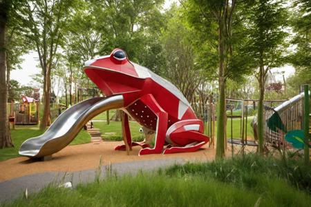 cinematic photo <lora:æ·å¤æ¸¸ä¹-000004 (1):1>,The image features a large,a stainless steel slide came out of the frog's mouth and it was red,and it appears to be a part of a playground slide. The playground is designed to be visually appealing and engaging for children,with the frog sculpture serving as a fun and imaginative element.In addition to the frog sculpture,there are several other playground structures and equipment,including a swing set and a slide. The playground is situated in a park-like setting,surrounded by grass and trees. The overall scene is lively and inviting,encouraging children to play and explore the various playground features.,there is a bridge connecting its back, . 35mm photograph, film, bokeh, professional, 4k, highly detailed