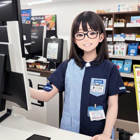 masterpiece, best quality, ultra-detailed, illustration,
konbini, scenery, shop, indoors, LAWSONU, employee uniform, uniform, shop, convenience store, black hair, uniform, realistic, glasses, employee uniform, striped shirt, smile, striped, food, 1boy, indoors, shirt, id card, vertical stripes, 1girl, holding, long hair, name tag, grin, vertical-striped shirt
 <lora:LAWSON_scenery_SD15_V2:1>