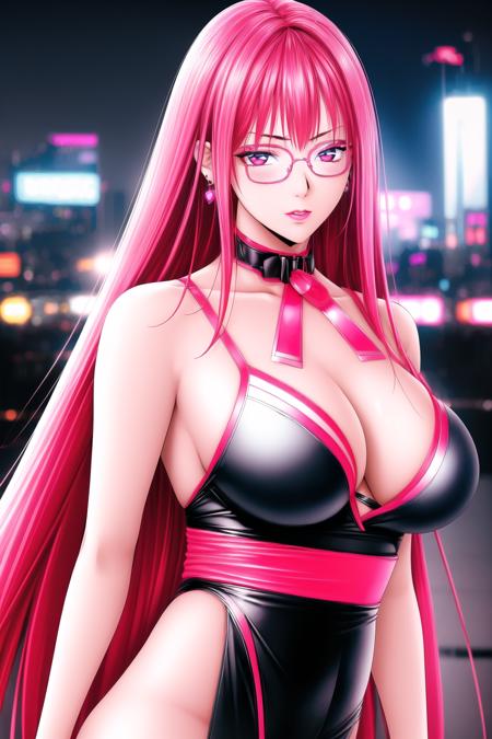 (Night:1.7), Japan, cyberpunk, CityView, Before Window,
Standing at attention,
pink arm ribbon,pink  arm strap,pink bow, a pink ribbon around her neck,pink  wrist ribbon,pink  ribbon,thighhighs,pink legwear,
<lora:Mai_Kannazuki_G_Taste-KK77-V1:0.7>,<lora:more_details:0.3>,earrings,jewelry, gem,pink _Glasses,
pink _hair,long_hair,lipstick,jewelry,fingernails,pink _nails,Bangs,Forehead,pink _Eyes,
1 girl, 20yo,Young female,Beautiful Finger,Beautiful long legs,Beautiful body,Beautiful Nose,Beautiful character design, perfect eyes, perfect face,expressive eyes,
looking at viewer, in the center of the image,(Upper_body),(Focus on her face),
official art,extremely detailed CG unity 8k wallpaper, perfect lighting,Colorful, Bright_Front_face_Lighting,shiny skin,
(masterpiece:1.0),(best_quality:1.0), ultra high res,4K,ultra-detailed,
photography, 8K, HDR, highres, absurdres:1.2, Kodak portra 400, film grain, blurry background, bokeh:1.2, lens flare, (vibrant_color:1.2)
(Beautiful,large_Breasts:1.4), (beautiful_face:1.5),(narrow_waist),