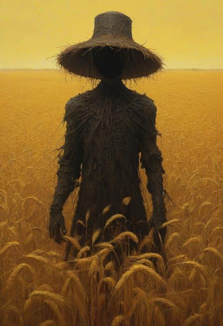 digital artwork by Beksinski, wheat field, flowers, vibrant colors, black theme, yellow theme, scarecrow, enormous straw hat