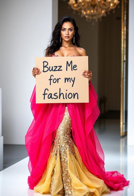 award winning photo of a supermodel holding a cardboard with quote "Buzz Me for my fashion show". She is wearing a stunning and captivating fashion design that blends elegance with innovation. The image should feature a breathtaking haute couture gown with intricate detailing, a perfect balance of modern and classic elements, and a palette of luxurious, vibrant colors. The design should include delicate embellishments, rich textures, and unique silhouettes that push the boundaries of contemporary fashion. Ensure the setting is equally impressive, with a sophisticated backdrop that enhances the allure of the garment, making the entire composition unforgettable and truly distinctive."