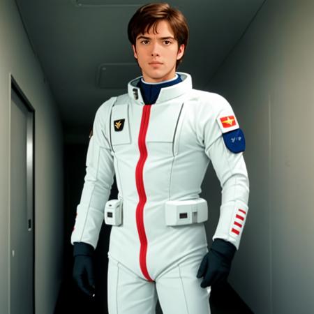 photorealistic, cinematic, <lora:eff pilot aam:0.6>, eff pilot, white flight suit, man, standing, sci fi hallway