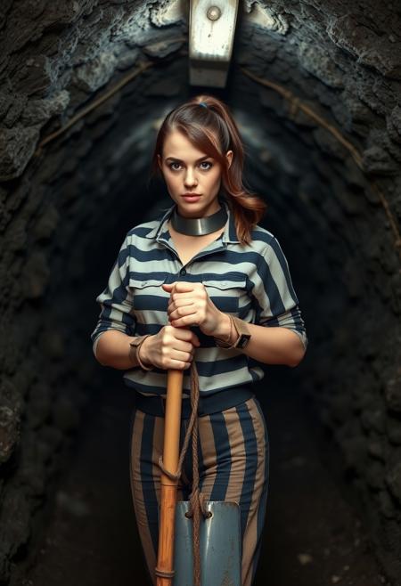 25 year old female convict working in a mine, standing in a tunnel, wrists and ankles shacked, steel collar, prison clothing with black and white stripes, brown hair in a ponytail, shovel in hands