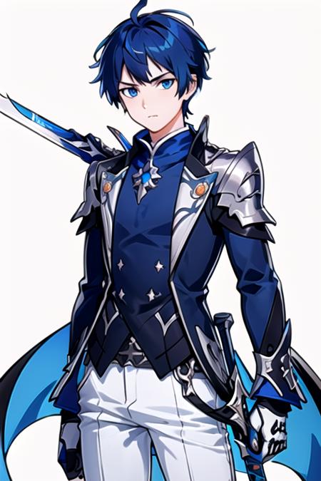 <lora:CielElsword-10:0.7> , ciel, solo, looking at viewer, blue eyes, simple background, gloves, 1boy, white background, holding, blue hair, weapon, male focus, pants, sword, holding weapon, shoulder armor, pauldrons, white pants