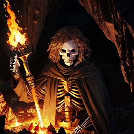 (best quality: 1.2), (masterpiece: 1.2), (realistic: 1.2), a portrait of a (skeleton: 1.3) holding a flaming spear, (old and ragged cape: 1.2), (dark cave in the background), detailed middle-earth setting, on eye level, mimicking ruined materials, extremely detailed, on eye level, scenic, masterpiece