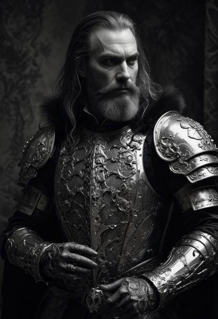 The Dark vampire grand lord, Young, long hair, bearded, Victorian Style armour, black and white old photography, vintage, grunge, top light, masterful painting in the style of Anders Zorn | Marco Mazzoni | Yuri Ivanovich, Todd McFarlane, Aleksi Briclot, oil on canvas