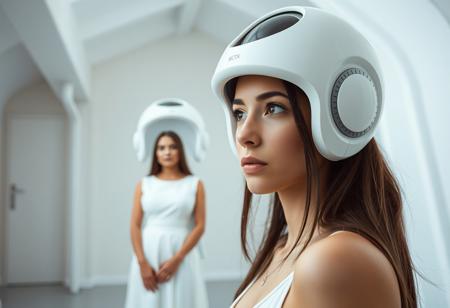 The image shows a young woman wearing a white helmet with a red light on it. The helmet has a futuristic design with a large circular opening in the center. The woman is standing in a room with a high ceiling and white walls. She is looking off to the side with a serious expression on her face. In the background, there is a woman in a white dress standing in front of the helmet. The overall mood of the image is futuristic and futuristic.