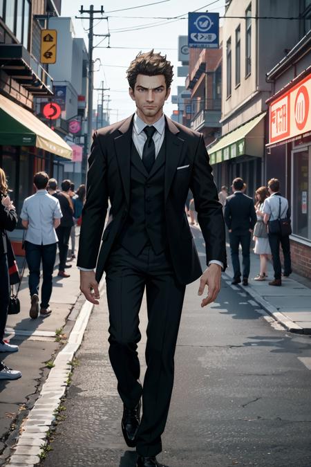 ((ultra detailed, masterpiece, best quality))
 <lora:DeadChuck:0.8>
DeadChuck, 1boy, solo, in a busy urban street, wearing a tailored three-piece suit, confidently striding forward amidst the city's hustle and bustle