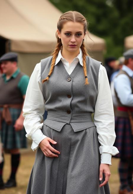 A masculine woman at a renaissance fair wearing a grey canvas kilt, wide-collared shirt, and a grey spotted vest.