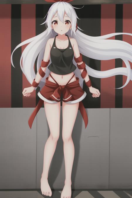 1girl, japan village background, street, white hair, long hair, red eyes, chiya, tank top, red skirt, black top, red bottom, ribbon on arm, red ribbon, stomach, navel, bare legs, barefoot, full body, armpits