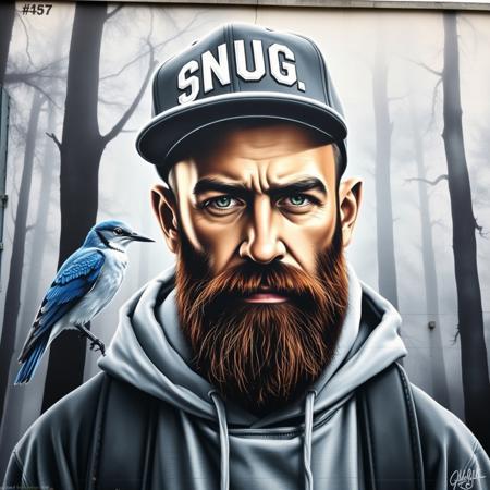 mural, hyper-realistic, portrait of a man, textured beard, casual hoodie, SMUG cap, blue and white bird, misty forest background, soft monochromatic tones, pensive expression, serene atmosphere, detailed textures, modern street art, emotional depth, ethereal setting
graffiti, mural, hyper-realistic, vibrant colors, bold letterforms, 3D design, urban art, intricate details, vivid gradients, sharp highlights, contrasting shadows, abstract influences, electric palette, sculptural effect
