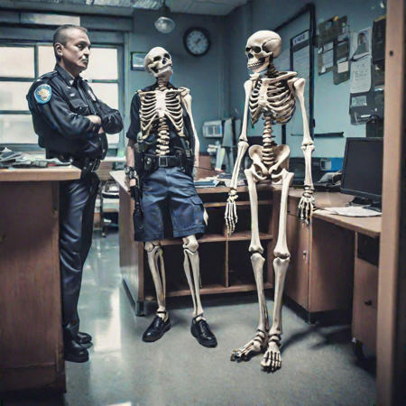 A police station, interrogation going on, healthy skeleton wearing shorts, cops looking at him angrily, old furniture, name boards, weapons, staff