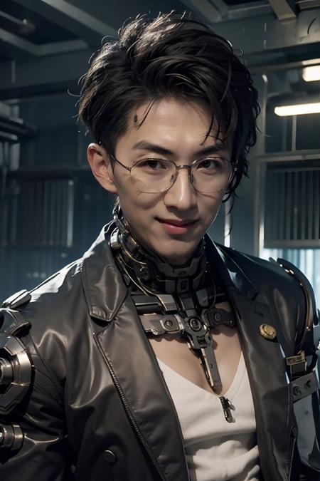 1boy, dramatic lighting, big muscle, cyborg, tuxedo jacket, mechanical parts,<lora:Wallace_20230628232836-000001:0.9>,glasses,  <lora:shitu-mechaV1:0.35>,evil smile, ,