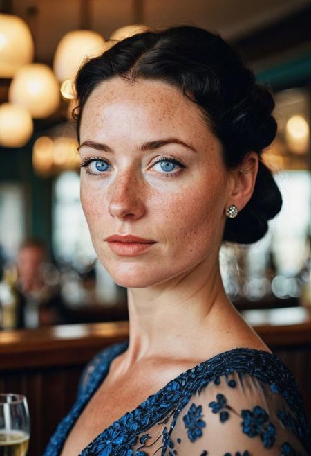Stunning analogue photo of a beautiful 38 years old Dutch woman, wearing an absolute stunning vintage  dress, perfect face, absolute beauty, natural raven black hair, ponytail, blue eyes, perfect eyes, realistic eyes, freckles, freckles and moles all over body, realistic freckles, at a wedding reception in a cocktail bar at the Dutch seaside, soft light on her face, Rembrandt style light, sunset, beautiful sky, incredibly realistic