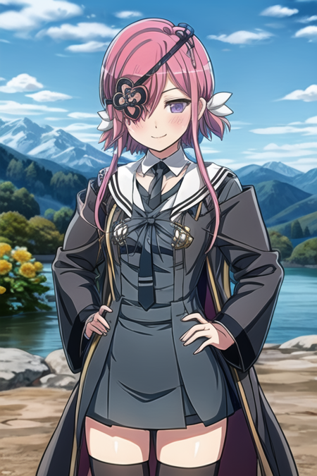 masterpiece, best quality, <lora:kazakiri-10:1>, 1girl, kazakiri \(senran kagura\), pink hair, short hair, sidelocks, short hair with long locks, hair over one eye, purple eyes, eyepatch, flower, flower eyepatch, ribbon, solo, solo focus, facing viewer, looking at viewer, pov, breasts, flat chest, collarbone, shirt, white shirt, sailor collar, necktie, black necktie, coat, black coat, skirt, miniskirt, black skirt, thighhighs, black thighhighs, outdoors, day, cloud, forest, mountainous horizon, hand on hip, happy, blush, smile, simple background, dated, cowboy shot, <lora:flatBG:1>, <lora:add_detail:1>,