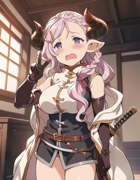 <lora:Larunamom-animagine3-000007:0.75>1girl, gbflaruna, hairclip,horns,(narmaya \granblue fantasy\:0.6),  asymmetrical footwear, bare shoulders, belt, coat,  elbow gloves, sleeveless,katana,v ,wavy mouth, blush, indoors, anime screencap,, masterpiece, best quality