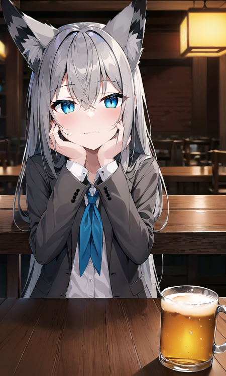 masterpiece, best quality, high quality, 1girl, solo, fox ears, animal ear fluff, blue eyes, grey hair, long hair, hair between eyes, looking at viewer, indoors, bar, table, beer mug, beer, alcohol, drunk, (blush, naughty face:1.1), medieval city, lanterns, grey shirt, (grey blazer), skirt, medium skirt, sidelocks, kawakaze \(azur lane\), expressionless, kwkzmit, table, (pov across table, sitting, chair:1.1), blue neckerchief, holding beer mug on table, (head rest, sleepy:1.1)