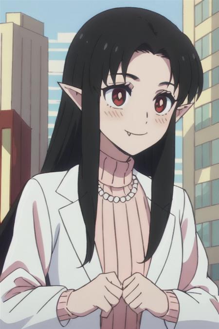akemi, 1girl, pointy ears, solo, fang, long hair, black hair, red eyes, fang out,