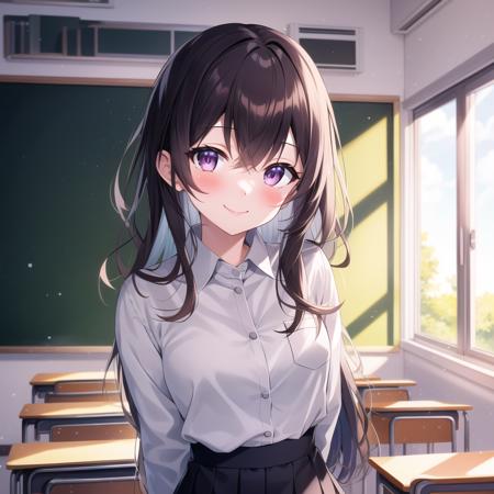 (high quality, best quality), 1girl, solo, smile, blush, arms_behind_back, classroom, day