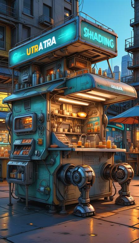(cel-shading:2)+, (in ARTIST style:1.6), (masterpiece:1.7), hyperrealism, glossy, shinny,
clear image, accurate picture, clear picture, precise image, focused image, Science fiction style, Science fiction,
(cozy comfy street food stall) on mechanical legs, science fiction, aquarium on mechanical legs focus, neon glowing cyberpunk city street background, mecha,
comic style, (ultra sharp focus:2), (thin lines:2),
(best quality:1.8),
<lora:Apparatus_-_Traction_City_Walkers_Vehicles:0.8>,