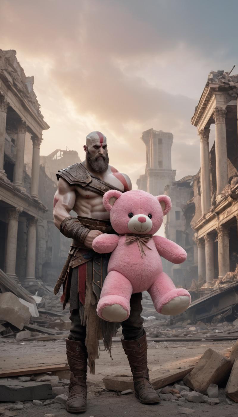 A God of War statue holding a pink teddy bear.