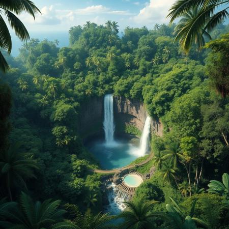 A photorealistic masterpiece of a tropical jungle view with waterfalls, dense vegetation near a beach, very high details