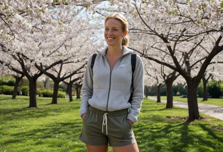 **Smithsonian Gardens - Peaceful Blossom Contemplation**
A photorealistic (8K) image of a 40-year-old woman standing quietly among the Smithsonian Gardens' cherry trees, her slender oval face and narrow straight nose profile softened by dappled sunlight filtering through petals. Her sleek blonde hair is tied back to reveal striking blue eyes surrounded by delicate laugh lines and subtle wrinkles that speak of wisdom and warmth. The detailed natural texture of her skin shows sun-kissed freckles, visible pores, and authentic smile lines - no artificial makeup masking her genuine beauty. Dressed in a soft grey zip fleece with olive shorts and hiking sandals, her floral fanny pack resting at her waist, she embodies relaxed spring elegance. Captured with a 35mm f/8 lens to render both subject and blossoming environment in sharp detail, the composition creates a serene atmosphere perfect for contemplative travel editorials.