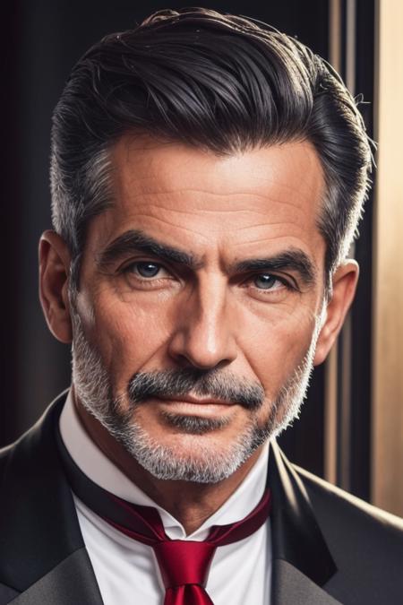 portrait, Greek man, (gray eyes), mature, sixty years old, short cropped hair, dark features, black three piece suit, red cravat, (handsome), (perfect face), symmetrical, edgy, San Francisco, at night,