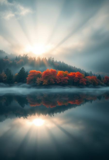 An ethereal autumn morning scene, aerial wide shot with a Sony a7R IV and 16-35mm GM lens. A pristine lake mirrors the fiery orange and crimson treeline as pale sunlight scatters through mist. A glowing aura surrounds the composition, enhanced by dramatic light-and-shadow contrasts, merging landscape with surreal experimental photography.