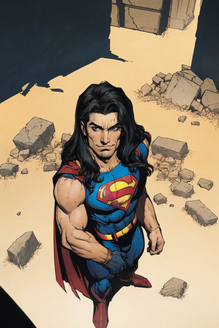 heavy metal \(aesthetic\), Masterpiece, best quality, long-haired superman with straight black hair, wearing sleeveless superman shirt, frowning at viewer,from above, rubble background