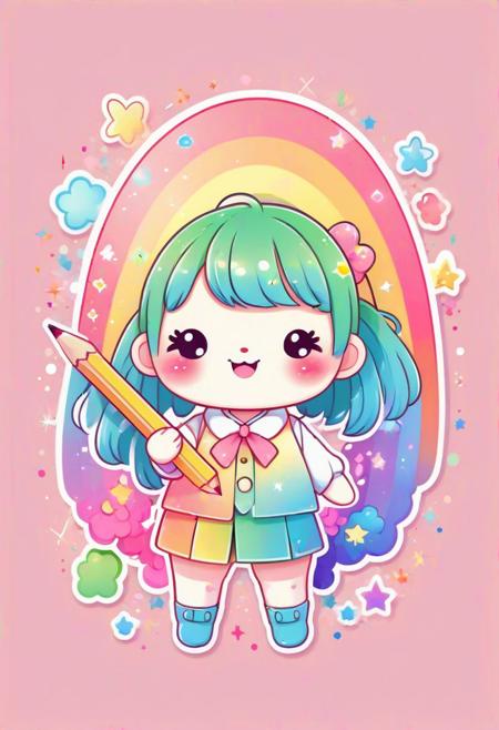 Cute kawaii character holding a vibrant rainbow-colored pencil with sharp tip, surrounded by sparkles and whimsical elements. The design is in vector art style with flat colors, high saturation palette featuring pastel hues of pink, blue, yellow, and green. The composition has clean lines and a playful, charming aesthetic suitable for sticker use. Flat color scheme emphasizes the cuteness with soft gradients where applicable. Rainbow motif is prominent yet harmonious within the design. Highly detailed and sharp focus vector illustration in a style reminiscent of Japanese kawaii culture, optimized for print as a sticker. Artstation quality visuals.
