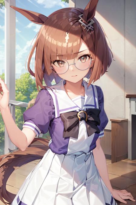 masterpiece, best quality, 
ikuno dictus \(umamusume\), 
round eyewear, tracen school uniform, summer uniform, serafuku, puffy short sleeves, purple bowtie, horseshoe ornament, sailor collar, sailor shirt, purple shirt, white skirt, pleated skirt, frilled skirt
<lora:ikuno_dictus_loha:0.7>